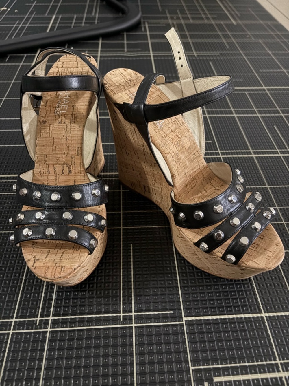 MICHAEL Michael Kors Black Studded Cork Wedge Sandals